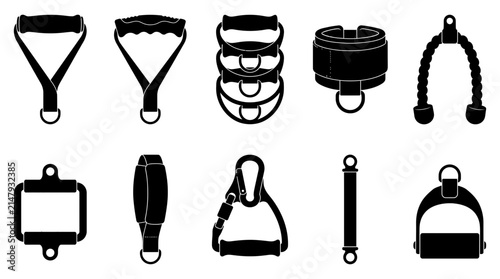 Fitness Equipment Handles and Straps Vector Silhouette Set for Gym Workout