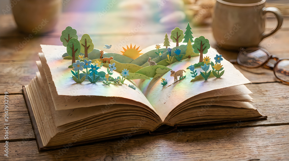 Fototapeta premium Open pop up book with magical miniature forest landscape and sunrise on wooden table, pop