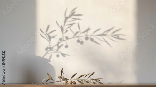 Olive branch shadow cast on a white wall