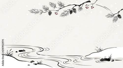 Obraz na płótnie 雪景色と松、墨絵風に描いた冬の和風背景、日本のクリスマス