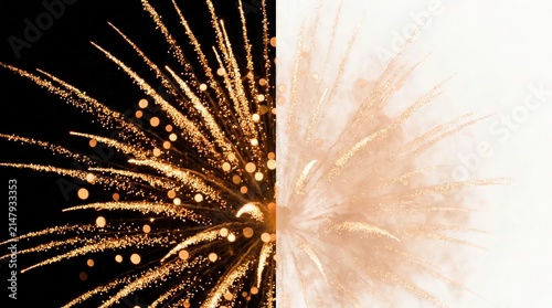 Golden fireworks burst on contrasting black and white background