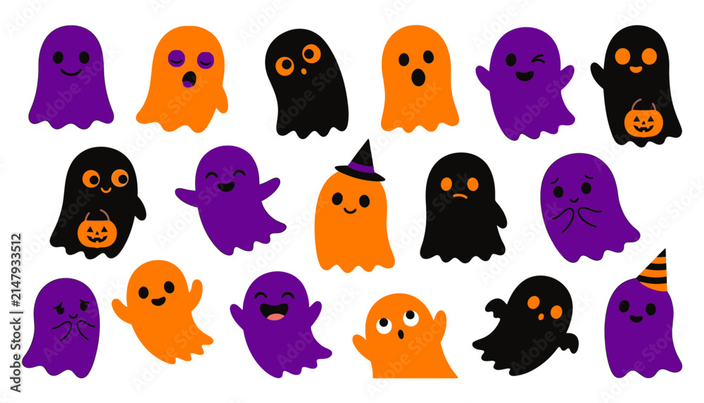 Fototapeta premium Set of various halloween ghosts with different facial expressions isolated on white background