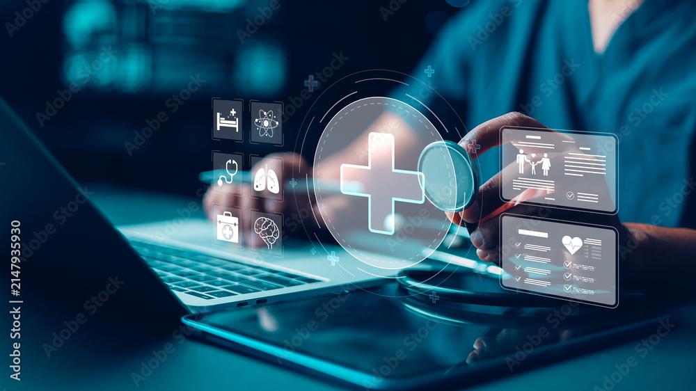 Obraz premium Digital healthcare technology with electronic medical records, telemedicine, patient care, diagnosis, and smart hospital management interface.
