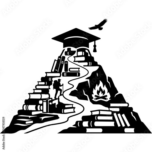 Educational mountain peak vector, academic success journey with books and graduation cap, student climbing knowledge hill illustration