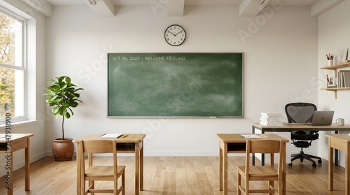 Empty classroom interior with wooden desks and green chalkboard for educational learning environment in school photo
