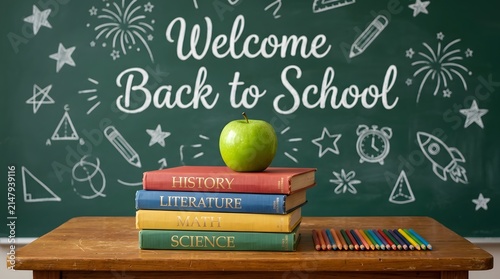 Green apple on a stack of textbooks with a chalkboard background for back to school education concept