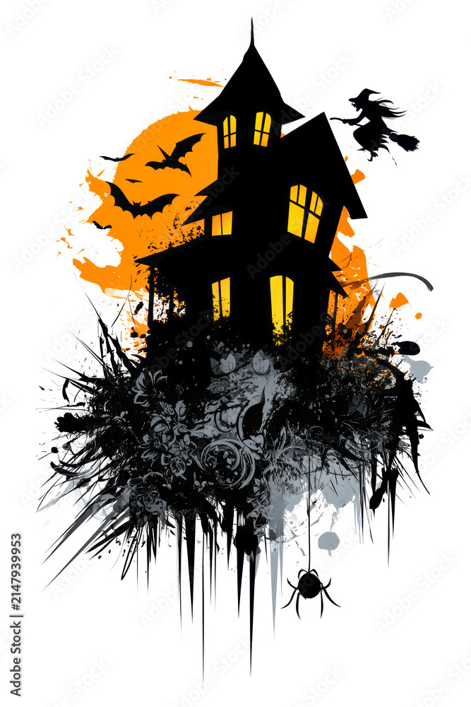 Fototapeta premium A haunted house stands in darkness with orange light shining from the windows. Bats fly in the night sky. A witch rides on a broom nearby