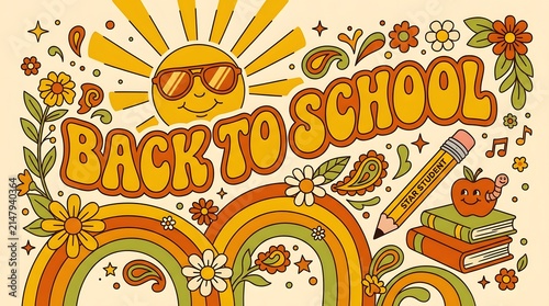 Back to school retro illustration with sun rainbow flowers and books in a vintage seventies graphic style