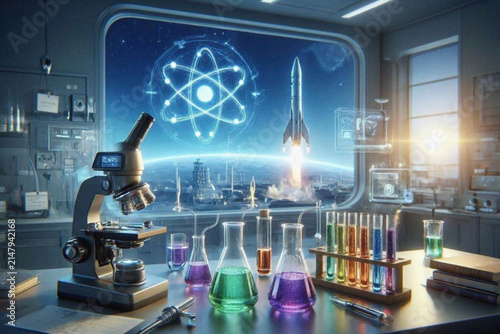 Abstract science illustration featuring a microscope, colorful flasks, and a glowing atomic model with orbiting electrons in a futuristic lab setting.