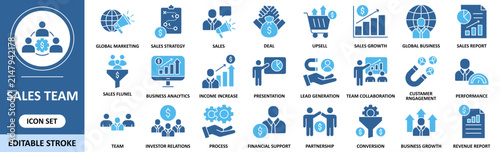 Sales team icon set In Blue Style. Contain icons related to marketing, salesperson, team, crm collection. Editable stroke. Vector