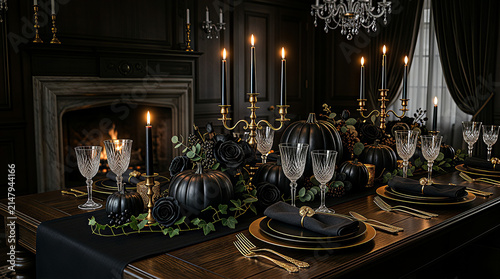 Elegant gothic halloween dining table setting with black plates and candles.