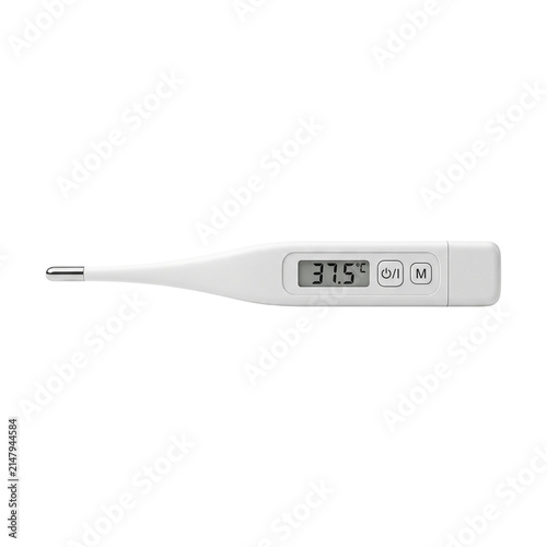 Digital medical thermometer showing 37.5 degrees celsius, white electronic body thermometer, clinical fever diagnostic tool