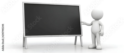 3D white stick figure pointing at a blank blackboard, representing education, presentations, teaching, business planning, communication, and learning concepts.