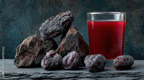 Dark Rock Formation with Garnet Juice in a Glass, Artistic Presentation and Textured Background in Dramatic Lighting