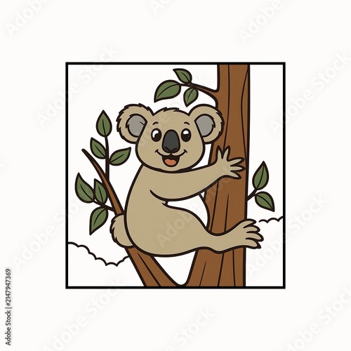 Photography Cute cartoon koala climbing a eucalyptus tree with green leaves isolated on whit