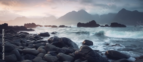 Dramatic Rocky Coastline with Misty Mountains