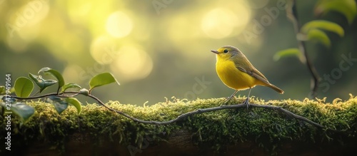 Golden Songbird Perched on Mossy Forest Branch