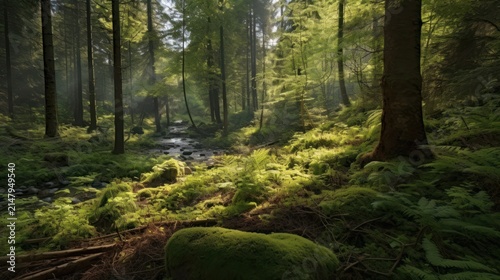 Sunbeams Filtering Through Lush Green Forest Stream