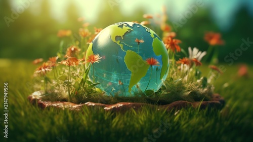 Earth Globe in a Blooming Garden
