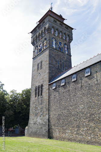 The ornate clock tower of Cardiff Castle in the capital city of Wales.