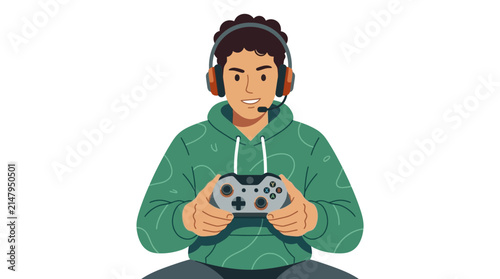 Young male gamer in green hoodie wearing headset holding controller