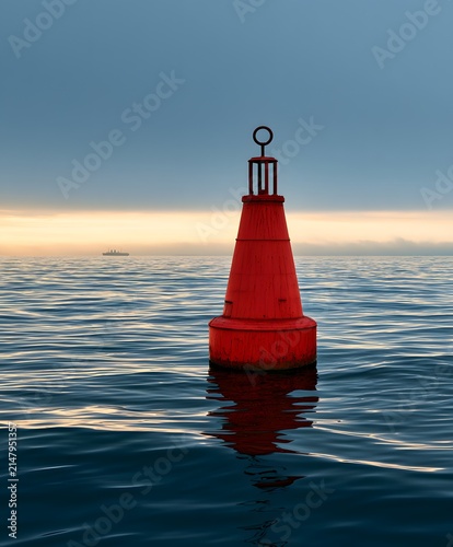 Red Buoy in Calm Sea at Sunset