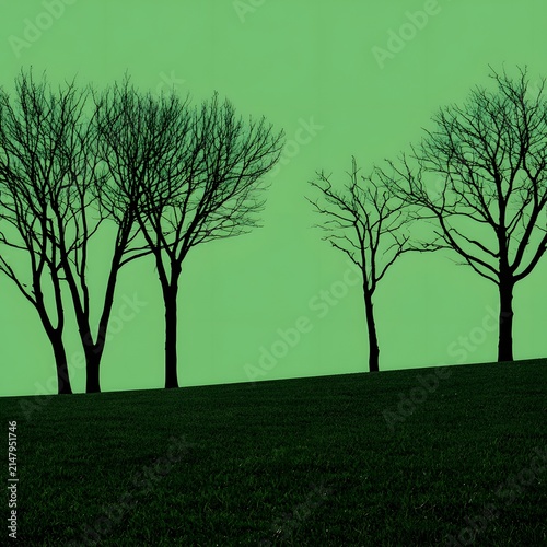 Bare Trees on a Green Hillside
