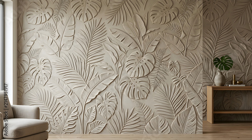 Decorative 3d wall panel with tropical palm leaf relief pattern.