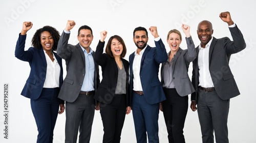 Diverse group of happy business professionals celebrating success with raised fists, team victory, corporate achievement, multicultural workforce, unity, joy, excitement
