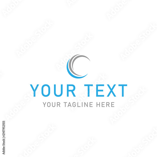 Minimalist corporate logo template, blue and grey circular swoosh icon, professional branding identity with placeholder text