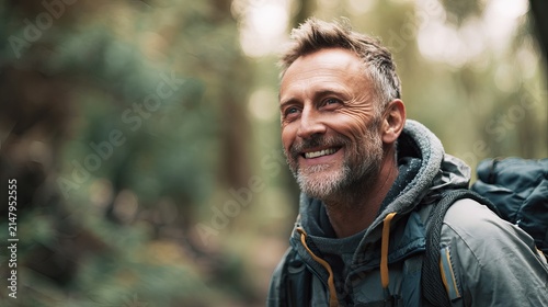 Mature man with graying hair smiles while hiking in a lush forest with a backpack and warm outdoor clothing