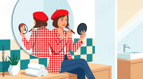 Young woman in red beret applying makeup with brush in front of bathroom mirror