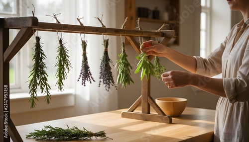 Woman hanging and drying fresh aromatic herbs on a rustic wooden rack inside a bright sunlit kitchen for a natural health, organic wellness, and herbalism concept