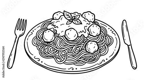 Hand Drawn Line Art Illustration of Italian Spaghetti with Meatballs, Sauce, Fork and Knife on Plate