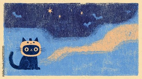 Obraz na płótnie カボチャの被り物をしたひとりぼっちの子猫と夜空のハロウィン背景 クレヨン画風のレトロイラスト
