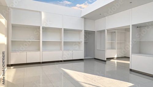 Modern empty room with white shelves.