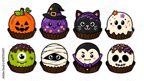 Cute Halloween cupcakes and sweets vector seamless pattern