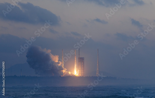 фотографія Rocket launch process, launcher with space shuttle in Wenchang Hainan, aerospace program of China