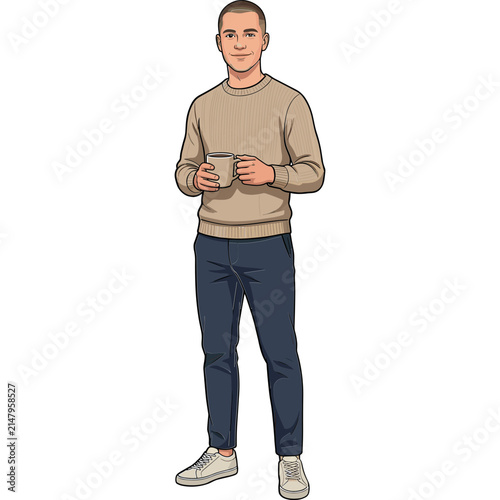 Young man in a beige sweater standing comfortably while holding a coffee cup isolated on a clean white background