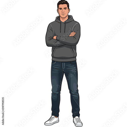 Confident Young Man Standing with Arms Crossed Wearing Grey Hoodie and Blue Jeans Vector Illustration