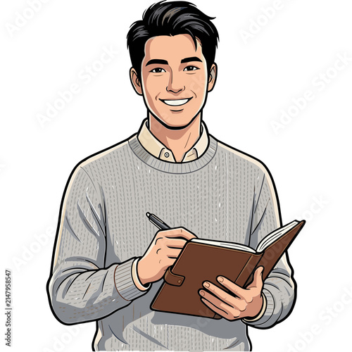 Friendly Young Professional Man Writing Notes in a Brown Notebook Vector Illustration