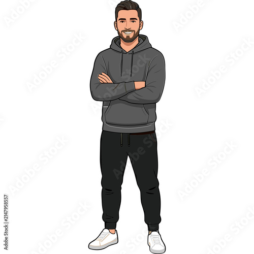 Portrait of a confident young man wearing a grey hoodie and black jogger pants standing with arms crossed
