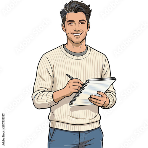 Smiling young man wearing a cream ribbed sweater holding a notebook and pen, cartoon illustration of a creative professional or student taking notes