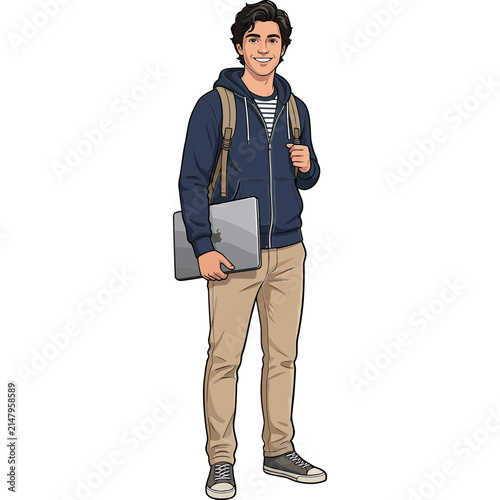 Smiling male college student standing with backpack and holding laptop computer