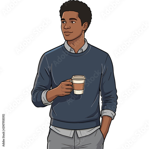 Professional African American Man in Casual Business Attire Holding a Coffee Cup Illustration