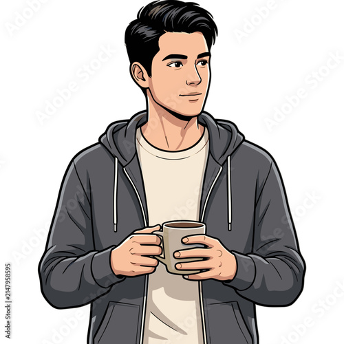 Hand-drawn illustration of a young man wearing a gray zip-up hoodie and holding a ceramic coffee mug against a white background