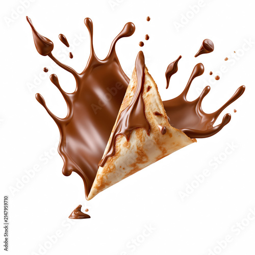 Chocolate splash with crepe dessert folded in triangle shape, creamy and smooth texture, delicious sweet treat for snack or breakfast isolated on transparent background