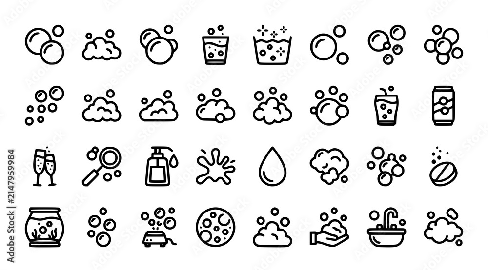 Obraz premium Premium Bubbles Soap Foam and Effervescent Black Outline Icon Set with Fizzy Drink Oxygen Cleaning and Liquid Effects Editable Stroke Vector Collection