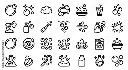 Foto Modern Liquid Foam and Carbonated Bubble Black Line Icon Collection with Soap Fi