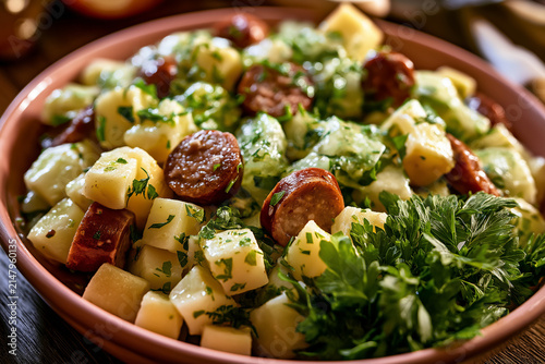 Rustic Smoked Sausage Potato and Cucumber Salad with Fresh Parsley in Pink Ceramic Bowl